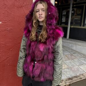 Y2K Mr & Mrs Italy XS Reversible Olive Parka w/ Fuchsia Rabbit Fur Lining